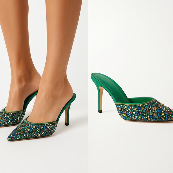 Green Beaded Slide Heels Women's Size 7 Approx Pointed Toe Mule - Picture 1 of 8